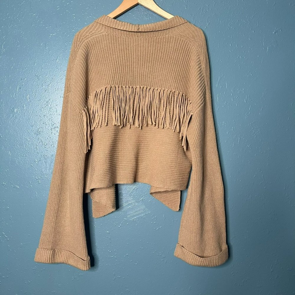 Andrea Jovine Large Beige / Tan Open Cardigan Sweater Western Fringe